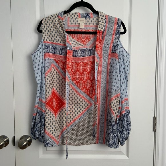 Chico's Boho Bohemian Elements Cold Shoulder Tie Neck Patchwork Top Size 2 - Picture 2 of 10